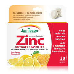 Jamieson Zinc Lozenges Honey Lemon Flavour, with Echinacea, Vitamin C and Vitamin D3, Soothes Sore Throat, and Provides Cold and Flu Symptom Relief. Gluten-Free, No Artificial Colours, Flavours or Preservatives, 30 Count, Proudly Canadian
