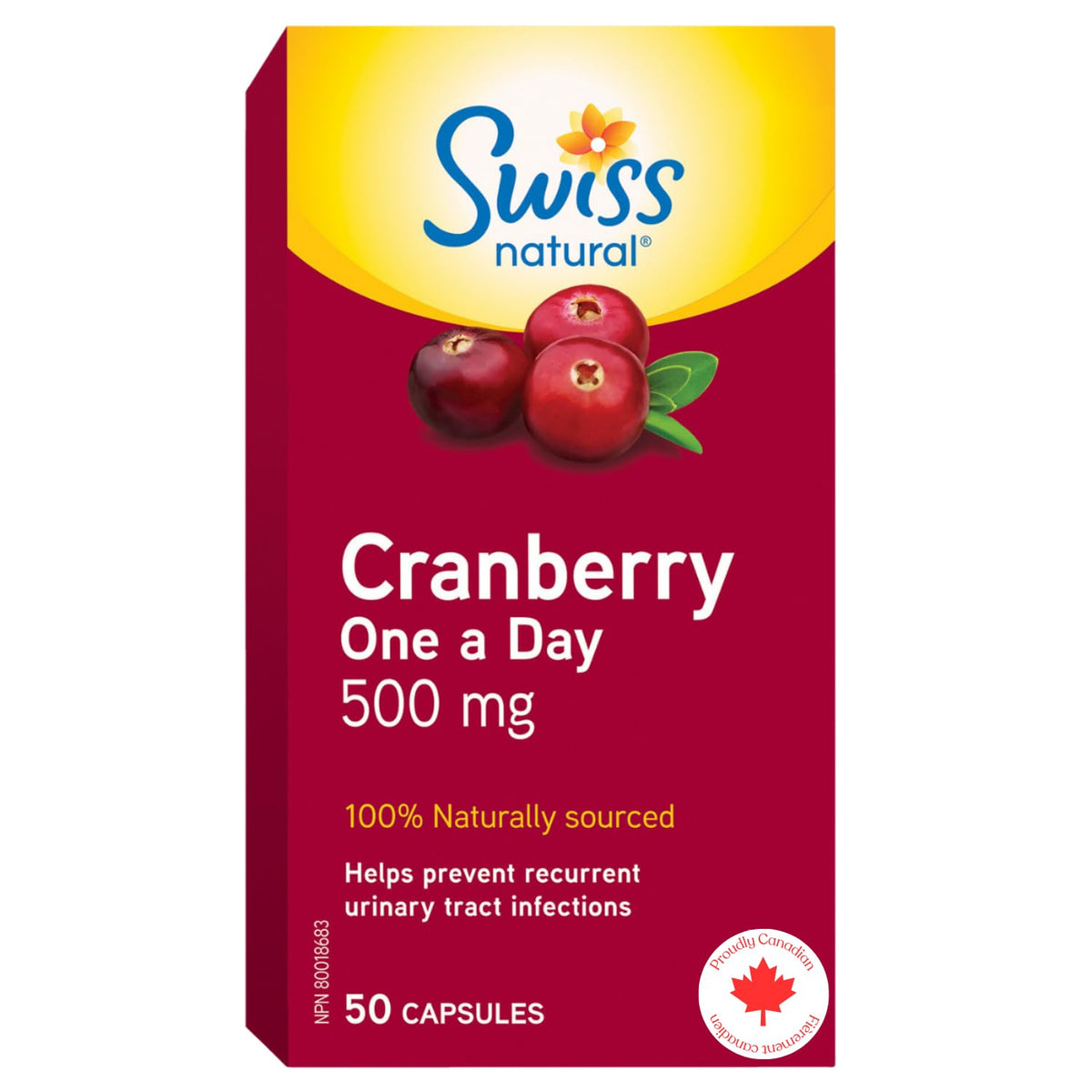 Swiss Natural – Cranberry One A Day Capsule 500mg | Prevents Urinary Tract Infections | Non-GMO, Gluten Free | No Artificial Flavours, or Preservatives | 50 Count