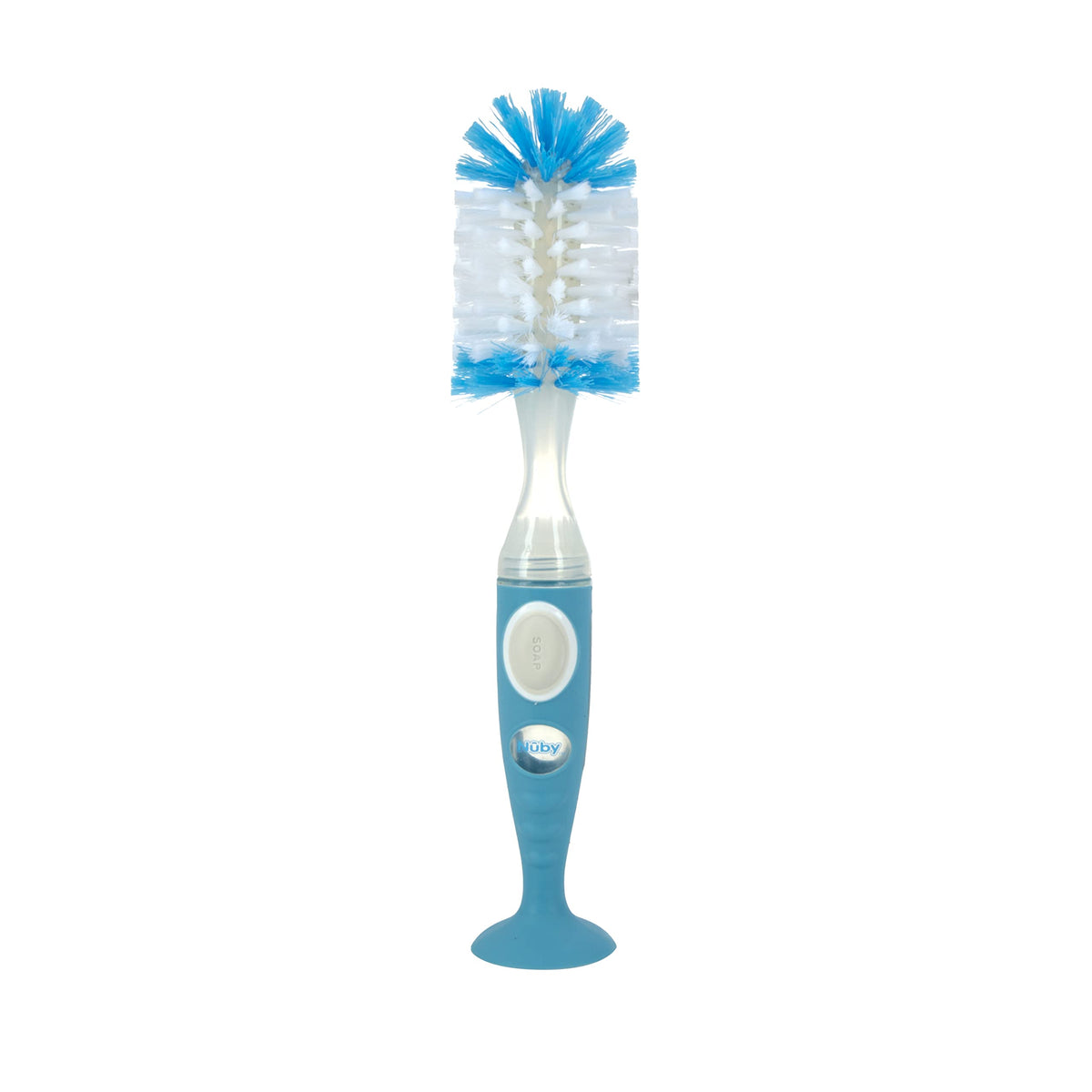 Nuby Easy Clean Dispensing Soft and Durable Bristle Bottle Brush with Textured Handles and Suction Base, 2 in 1 System, Blue
