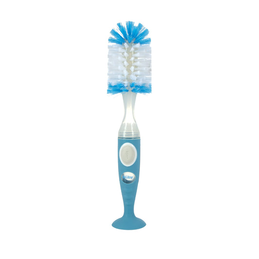 Nuby Easy Clean Dispensing Soft and Durable Bristle Bottle Brush with Textured Handles and Suction Base, 2 in 1 System, Blue