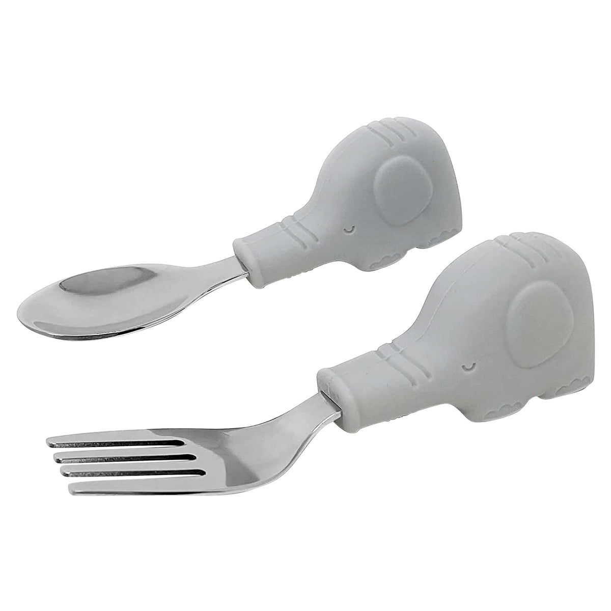 Tiny Twinkle Easy Grip Toddler Utensils Spoon and Fork Set - BPA & Phthalate Free Utensil Sets, Kids Silverware with Silicone Handle, Baby Led Weaning Supplies for 12 Months & Up, Grey Elephant