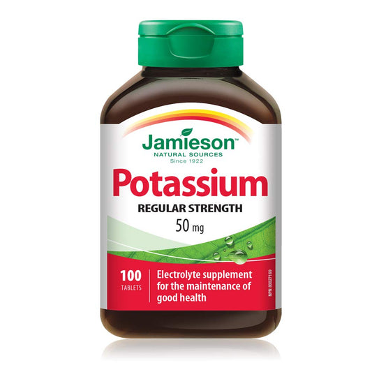 Jamieson Potassium 50 mg, Supports Muscle and Nerve Function, Electrolyte Support, and Helps Prevent Potassium Deficiency. Vegetarian, Non-GMO, Gluten-Free, 100 Tablets, Proudly Canadian