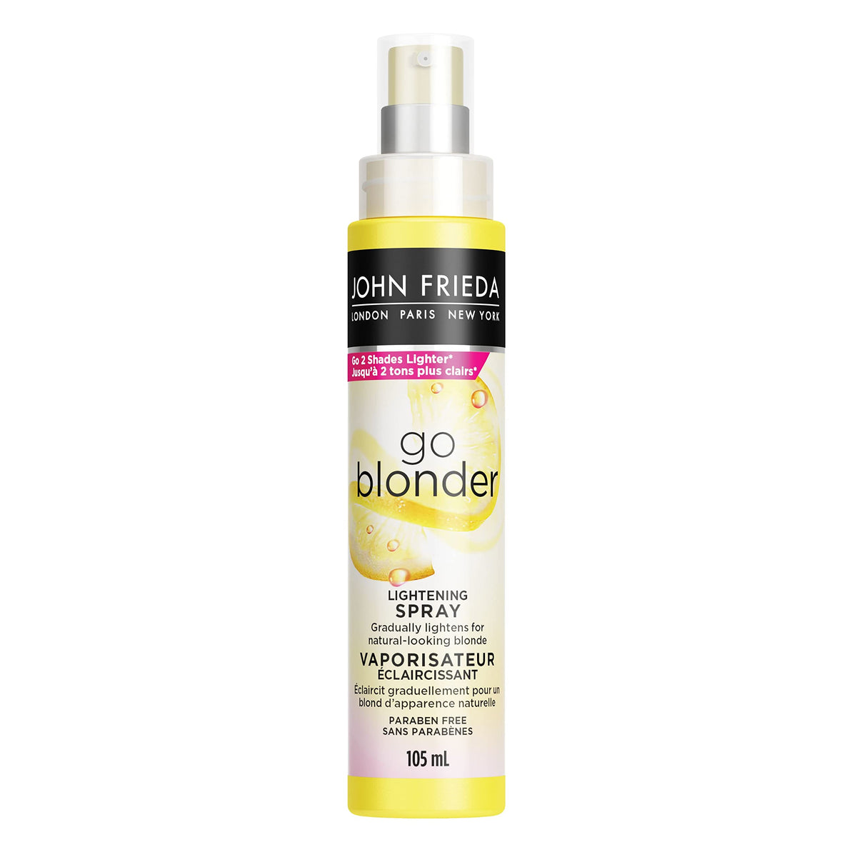 John Frieda Go Blonder Lightening Spray for Gradually Lighter Blonde Hair | Gradually Lightens | Highlights, Lightening, Root Blending | Bright and Radiant Blonde | Up to Two Shades Lighter (105 mL) | Made in Canada