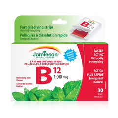 Jamieson Vitamin B12 1,000 mcg Fast Dissolve Strips Natural Mint Flavour, Methylcobalamin, Supports Energy Production and Metabolism, Travel Size. Vegetarian. Gluten-Free, No Artificial Colours, Flavours, or Preservatives, 30 Strips