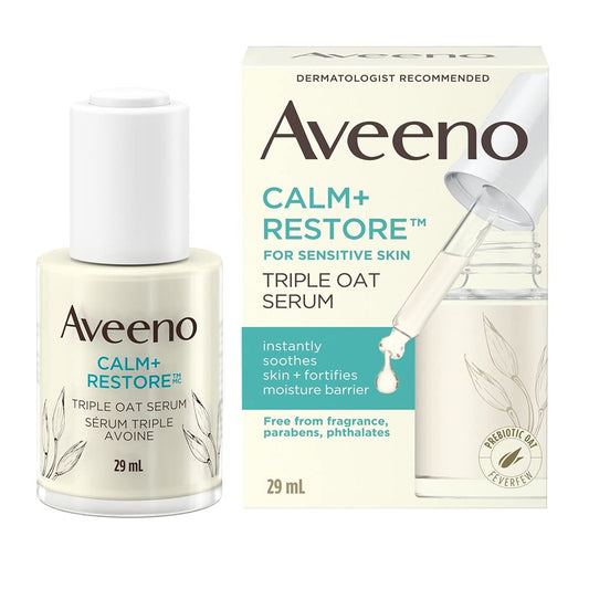 Aveeno Calm + Restore Triple Oat Hydrating Face Serum for Sensitive Skin, Gentle and Lightweight Facial Serum To Smooth and Fortify Skin, Hypoallergenic, Fragrance and Paraben-free, 29 Milliliters
