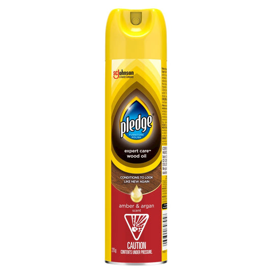 Pledge Furniture Polish and Moisturizing Mineral Oil Spray, Works on Wood, Leather, Laminate and More, Colourless Surface Protector, Amber and Argan Scent, 275g