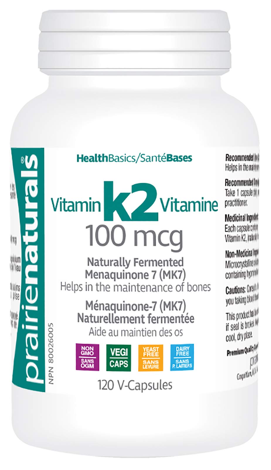Prairie Naturals Vitamin K2 Mk-7 100mcg helps in the maintenance of bones - 120 Vegan capsules