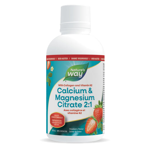 Nature's Way Calcium and Magnesium Citrate 2:1 - Liquid Supplement with Vitamin K2 and Collagen – Helps Support the Maintenance of Bones and Teeth – Strawberry Flavour, 500 mL , Packing may vary