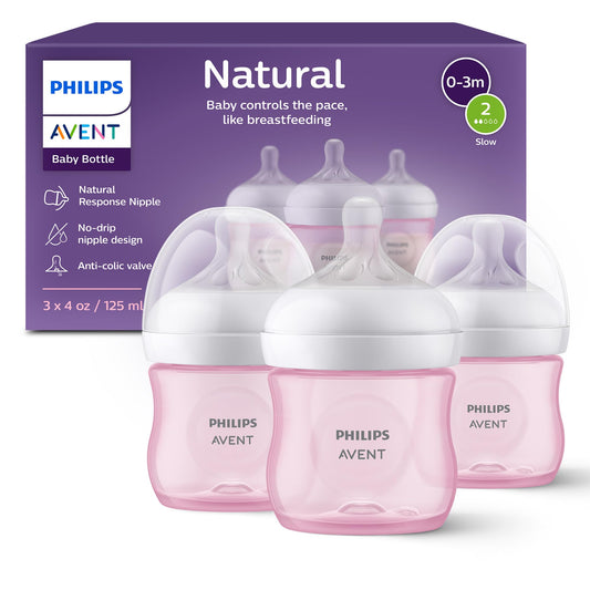 Philips Avent Natural Baby Bottles with Natural Response Nipples (Slow Flow, Flow 2), 4oz, Pink, 3-pack, SCY900/13