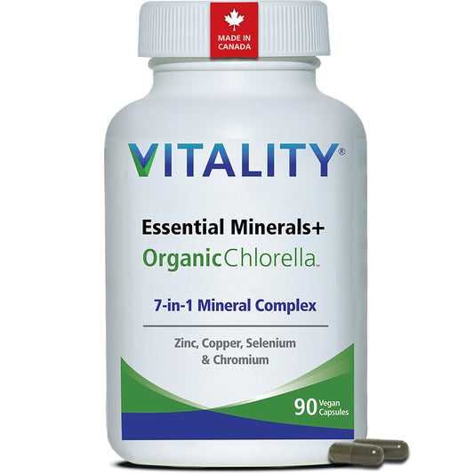 VITALITY Canadian Made 7-in-1 Trace Mineral Complex: Zinc Copper Selenium for Immune Support, Plus Manganese, Chromium & Antioxidant with Organic Chlorella for Thyroid, Energy Support, Vegan, 90 Capsules