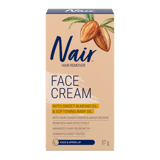 Nair Hair Removal Cream for Face & Upper Lip with Sweet Almond Oil and Softening Baby Oil, Dermatologist Tested, 57g