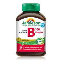 Jamieson Vitamin B100 Complex Caplets, Timed Released, Ultra Strength, Naturally Energizing, and Supports Metabolism. Vegetarian, Non-GMO, Gluten-Free, 60 Count, Proudly Canadian