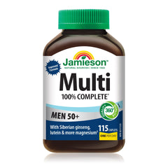 Jamieson 100% Complete Multivitamin for Men 50+, with Siberian Ginseng, Lutein, and More Magnesium. Supports Immunity, Energy, Overall Health, Eye Support, and Bone Health, Gluten-Free, One Per Day, 115 Caplets