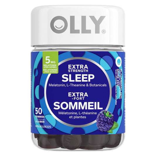 OLLY Extra Strength Sleep Gummy Supplement sleep aid Blackberry Zen blend of Melatonin, L-Theanine & Botanicals 25 day supply 50 gummies