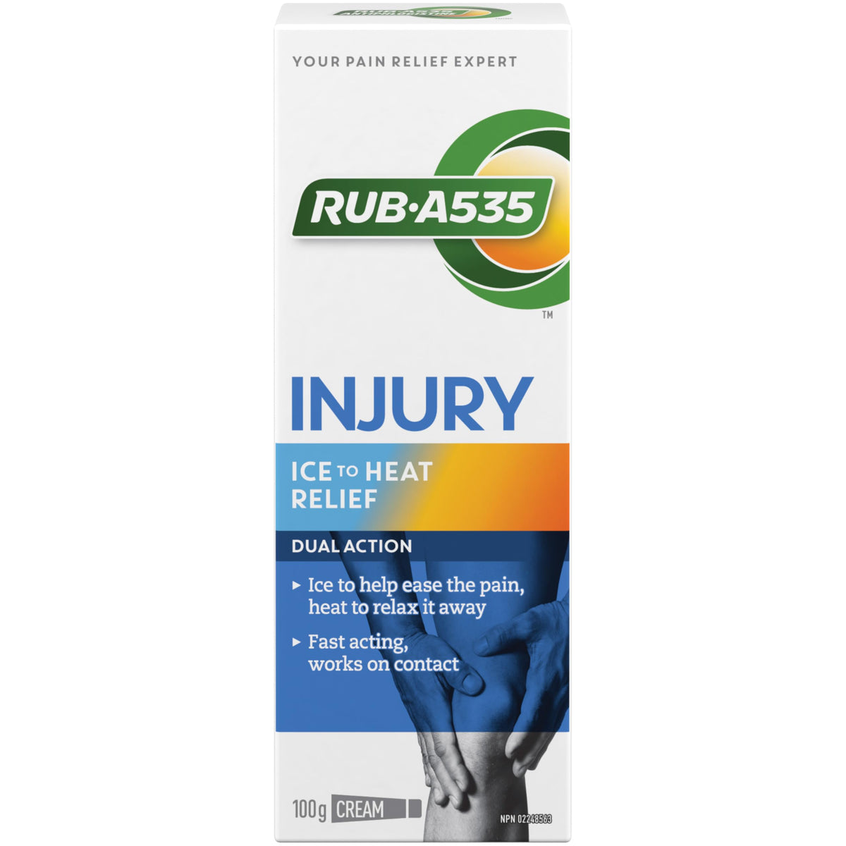 Rub-A535 Injury Ice to Heat Pain Relief Cream - Made in Canada, Fast Acting Injury Pain Relief, Stainless and Greaseless, Works on Contact - 100g
