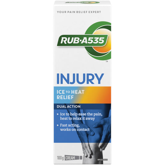 Rub-A535 Injury Ice to Heat Pain Relief Cream - Made in Canada, Fast Acting Injury Pain Relief, Stainless and Greaseless, Works on Contact - 100g