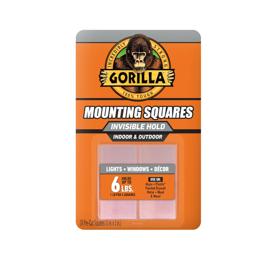 Gorilla Tough & Clear Double Sided Mounting Tape Squares, Hanging, Repairing, Weatherproof, Instant Hold, 24-1in Pre-Cut Squares, Clear, (Pack of 1)