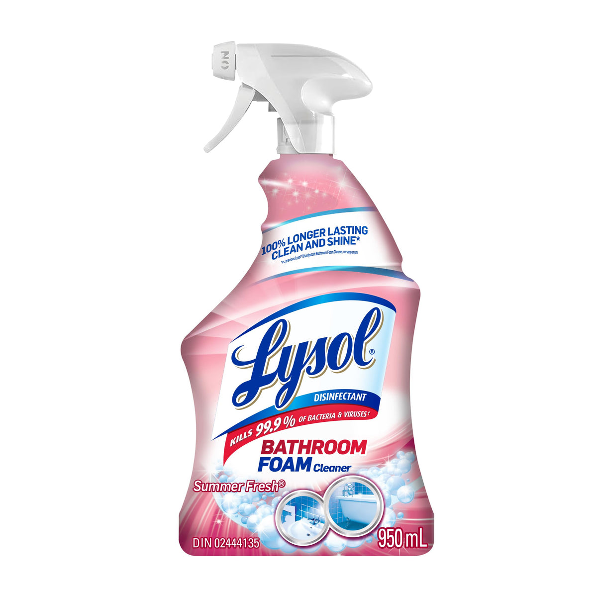 LYSOL Bathroom Foam Cleaner Trigger Spray, Disinfectant Formula Kills of Germs, Removes Tough Soap Scum & Lime Scale, Cleans to a Brilliant Shine with Summer Fresh Scent, 950 mL