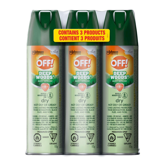 OFF! Deep Woods Dry Insect & Mosquito Repellent Aerosol, 25% DEET Powder-Dry Finish, Safe on Clothing & Gear, Unscented, 113g Each, 3-Pack