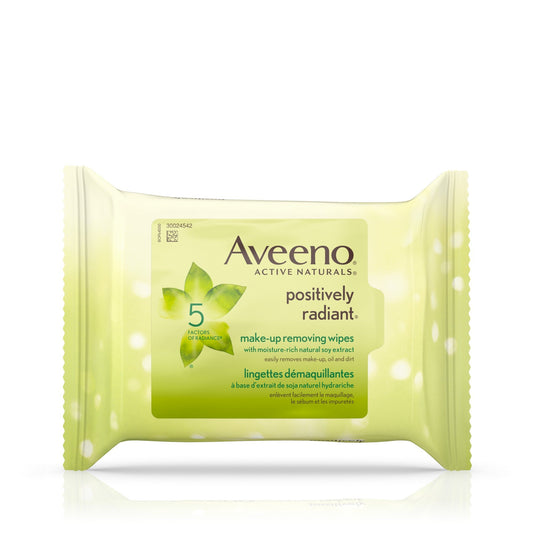 Aveeno Make Up Removing Wipes, Positively Radiant Facial Cleansing Wipes with Soy Extract, Oil Free and Non-Comedogenic, 25 wipes