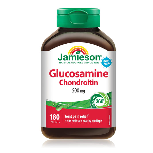 Jamieson Glucosamine Chondroitin 500 mg, Provides Joint Pain Relief, Osteoarthritis Support, and Cartilage Deterioration Protection. Gluten-Free, No Artificial Flavours or Preservatives, 180 Softgels, Proudly Canadian