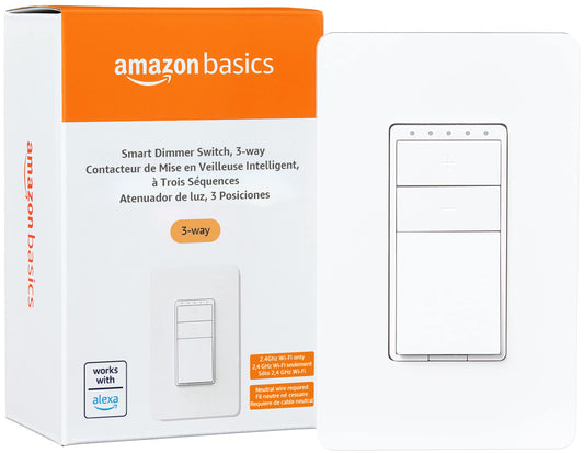 Amazon Basics Smart Dimmer Switch, 3-Way, Works with Alexa Only, 2.4 GHz Wi-Fi, No Hub Required, White
