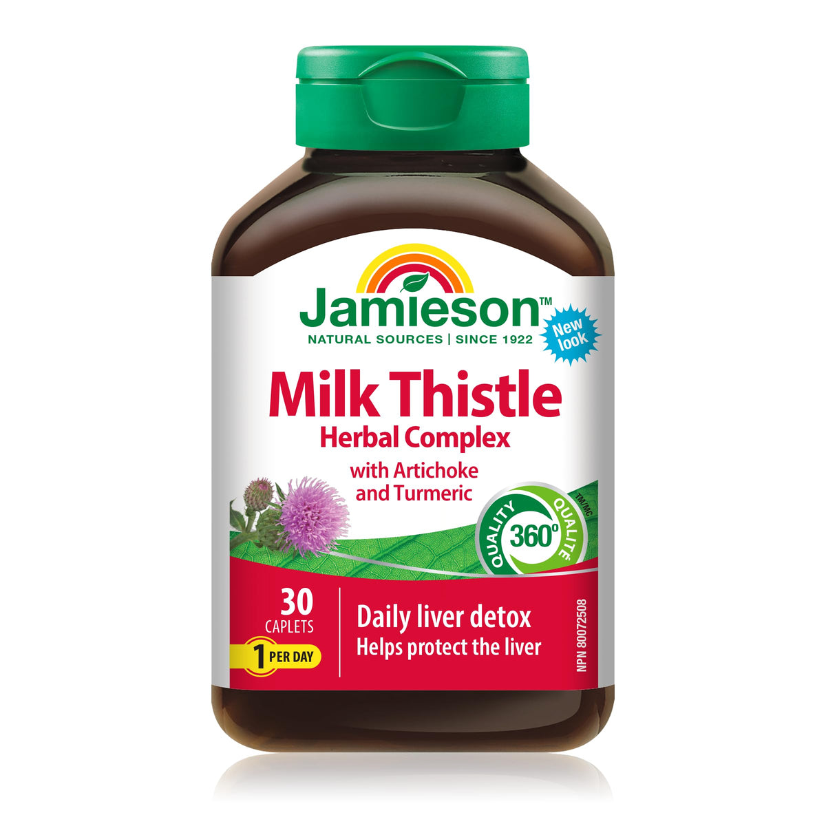 Jamieson Milk Thistle Herbal Complex, with Artichoke and Turmeric, Supports Liver and Digestive Health. Non-GMO, Gluten-Free, 30 Vegetarian Caplets, Proudly Canadian