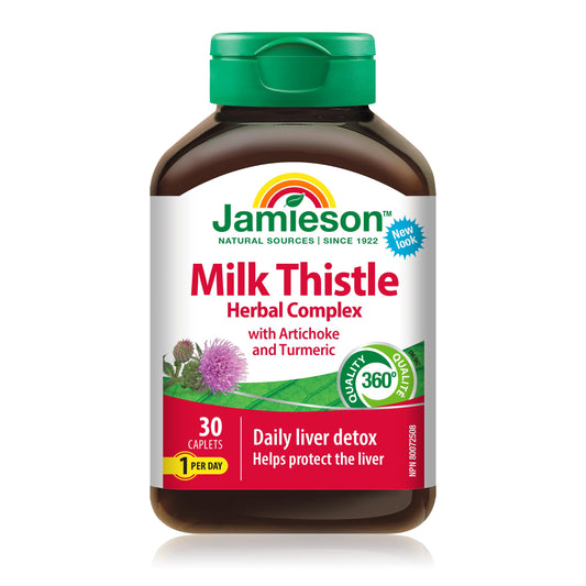 Jamieson Milk Thistle Herbal Complex, with Artichoke and Turmeric, Supports Liver and Digestive Health. Non-GMO, Gluten-Free, 30 Vegetarian Caplets, Proudly Canadian