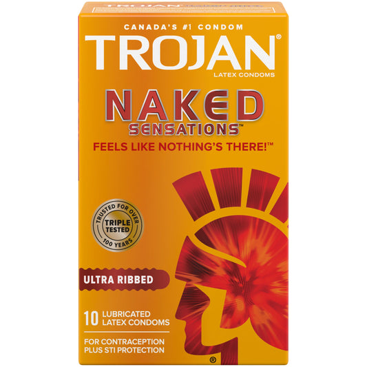 TROJAN Naked Sensations Ultra Ribbed Lubricated Latex Condoms, Feel the Pleasure & Not the Condom, Deep Ribs For Enhanced Experience, Special Reservoir Tip for Added Safety, 10 Count (Pack of 1)