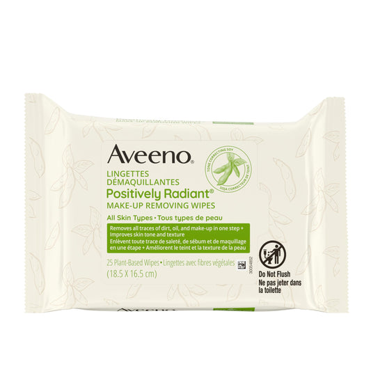 Aveeno Positively Radiant Make Up Removing Facial Cleansing Wipes with Soy Extract, Oil Free and Non-Comedogenic, 25 wipes