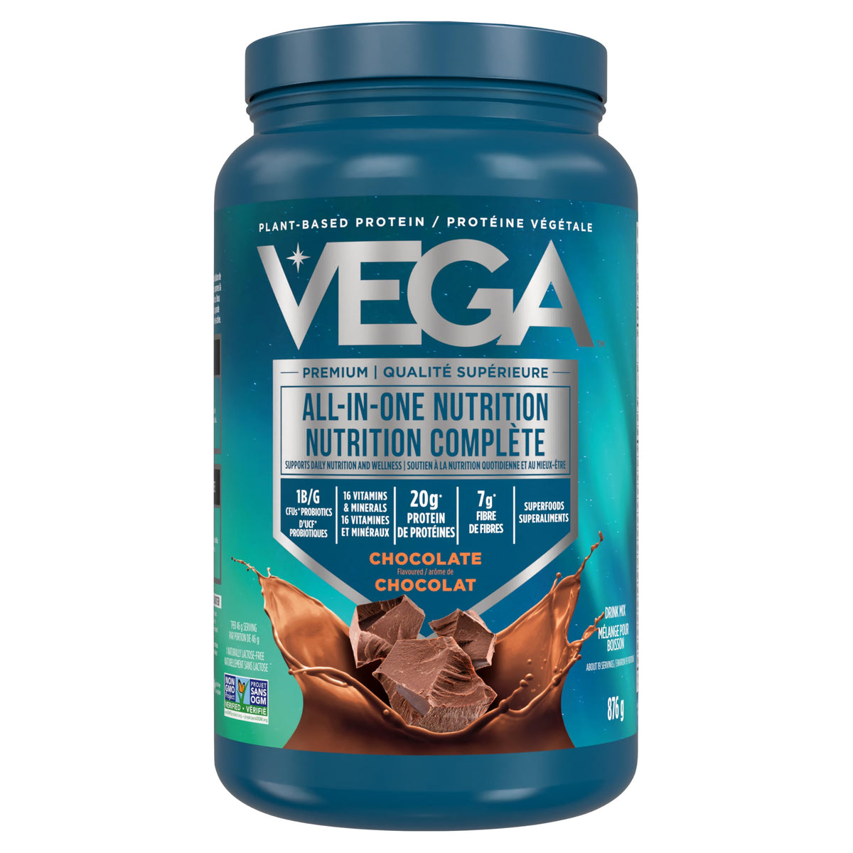 Vega Premium All-in-One Nutrition Protein Powder – 20g Plant-Based Vegan Protein, Vitamins & Probiotics, Chocolate, 876g (19 Servings)