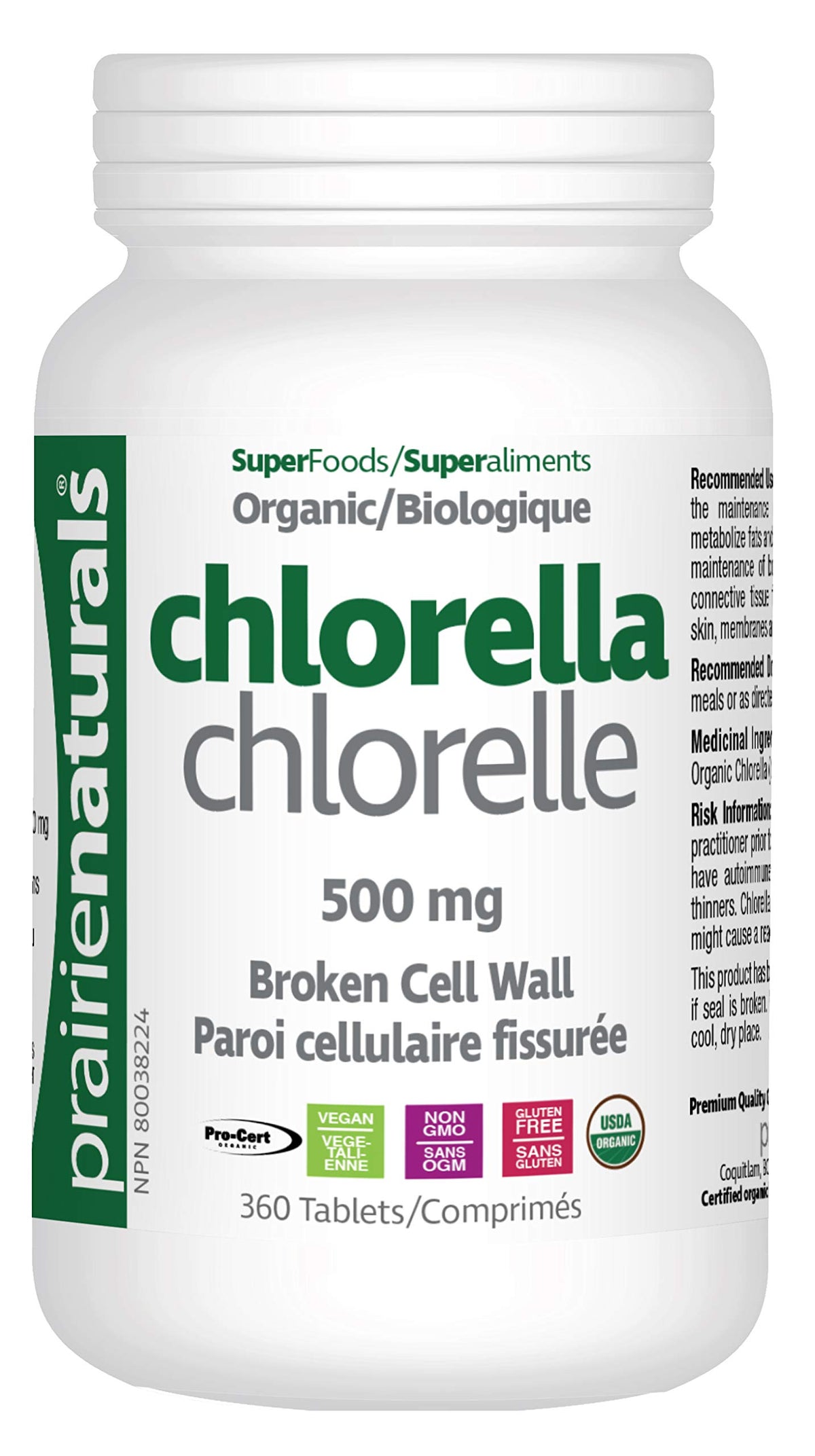 Prairie Naturals Organic Chlorella Broken Cell Wall Tablets - 360 Count