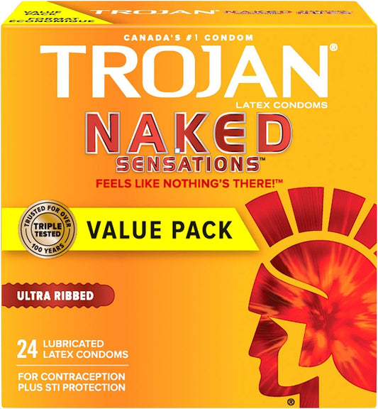 TROJAN Naked Sensations Ultra Ribbed Lubricated Latex Condoms, 24 Count