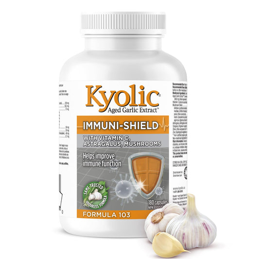Kyolic- Formula 103 Immuni-Shield 180 Capsules 45-Day Supply - Vitamin C Ascorbic Acid, Astragalus Root Extract, Mushroom Blend Supplement & Kyolic Aged Garlic Extract Capsule - Immune System Support