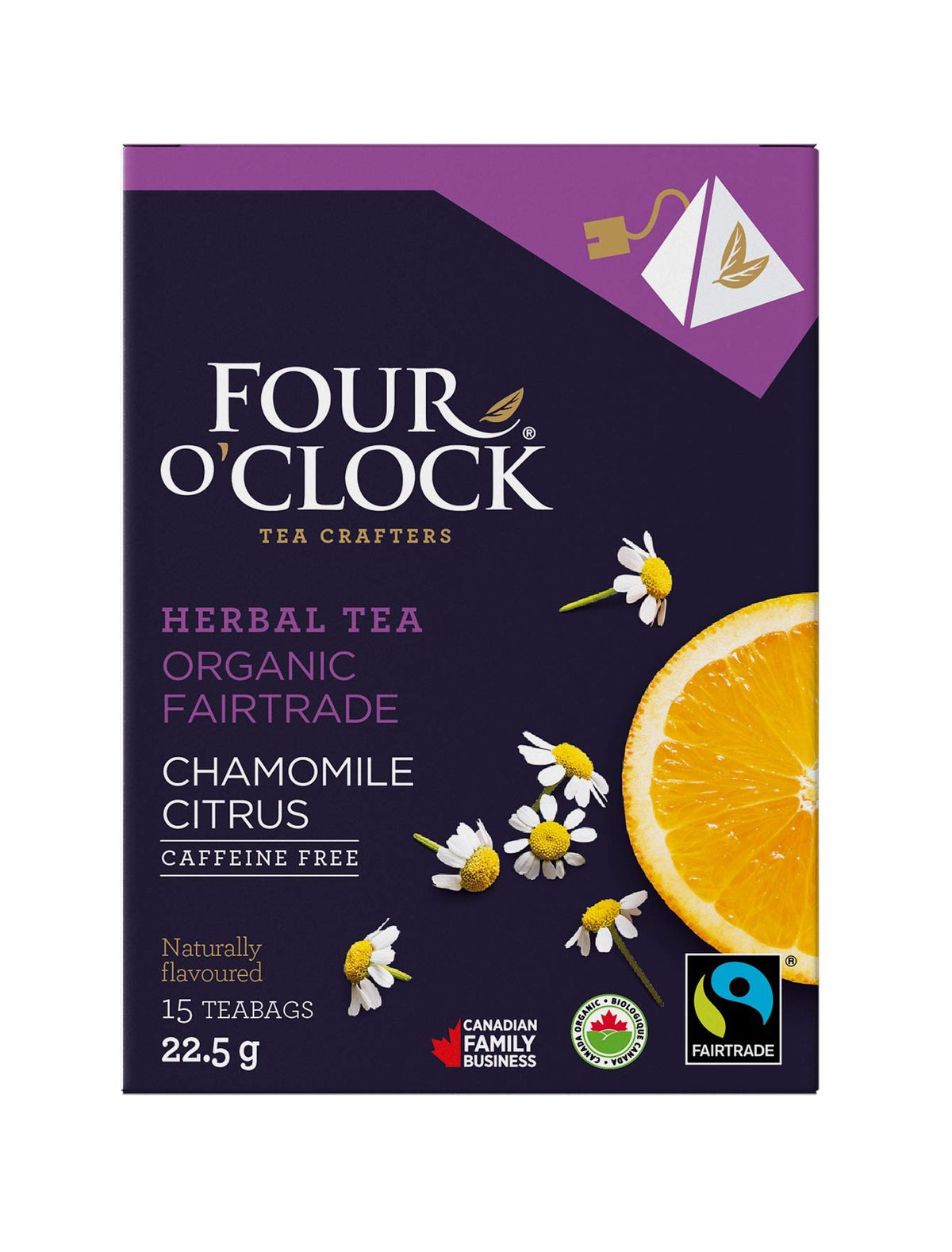 Four O'Clock Organic Fairtrade Herbal Tea Chamomile Citrus, Non-GMO, Kosher, Gluten-Free, 15 Count, Pyramid, 22,5g