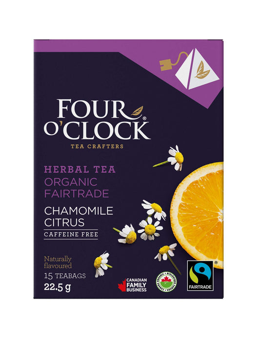 Four O'Clock Organic Fairtrade Herbal Tea Chamomile Citrus, Non-GMO, Kosher, Gluten-Free, 15 Count, Pyramid, 22,5g
