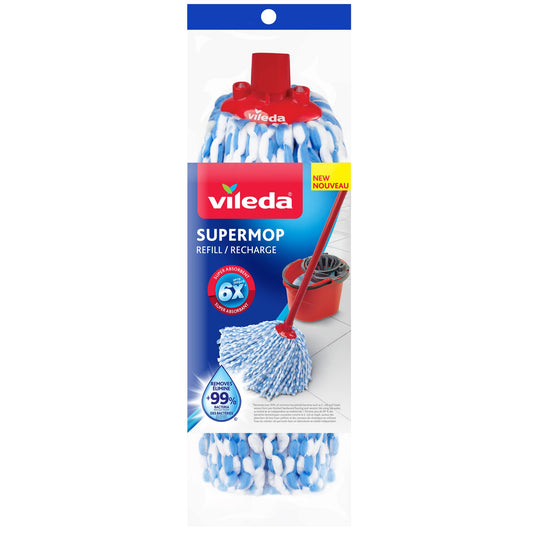 Vileda SuperMop 100% Microfibre Mop Head | Remove Bacteria with just Water | Reusable and Machine Washable Refill