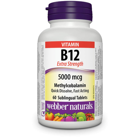 Webber Naturals Vitamin B12 5000 mcg, Extra Strength, Quick Dissolve, 60 Tablets, Supports Energy Production and Metabolism