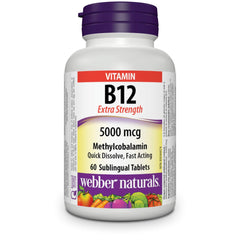 Webber Naturals Vitamin B12 5000 mcg, Extra Strength, Quick Dissolve, 60 Tablets, Supports Energy Production and Metabolism