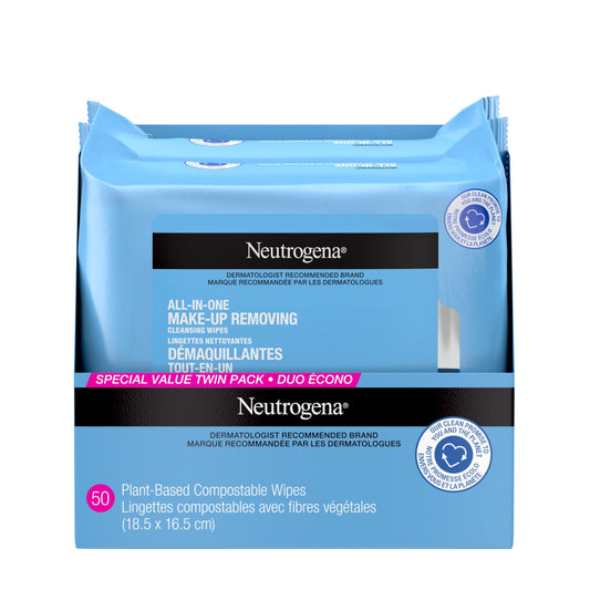 Neutrogena All-in-One Makeup Removing Cleansing Wipes - Gentle Cleansing Towelettes Remove Make-up & Waterproof Mascara - Plant-Based, Alcohol-Free Formula for Sensitive Eye Area - Value Twin Pack, 50 Count