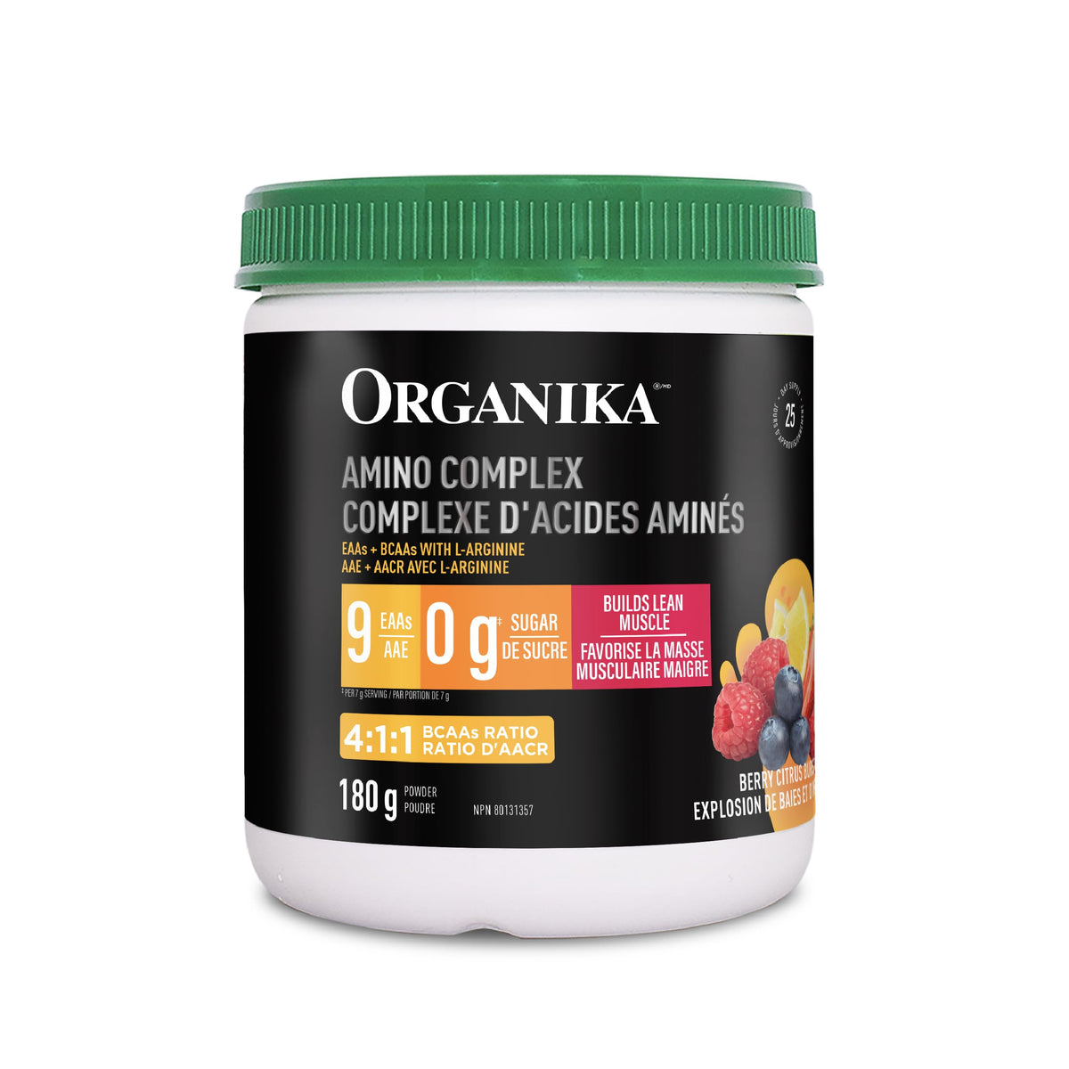 Organika Canadian-Made Amino Complex Powder - 7g of BCAA + 9 EAAs and L-Arginine For Enhanced Muscle-Protein Synthesis, Muscle Repair and Improved Athletic Recovery, Sugar-Free Berry Citrus Burst 180g