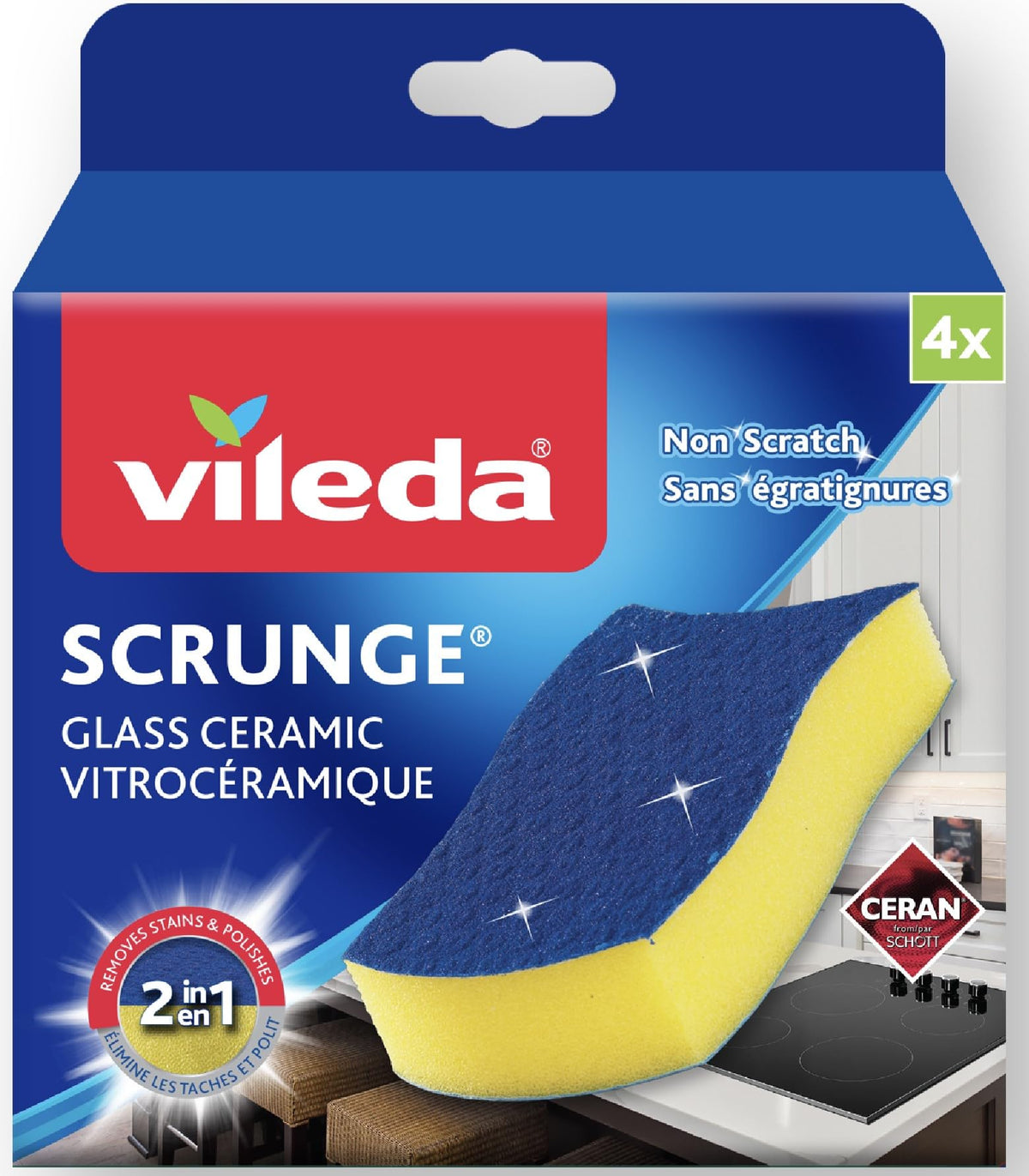 Vileda Scrunge Glass Ceramic Stovetop Sponge (Pack of 4 Sponges) | Non-Scratch Stove Top Cleaner Scrub Sponge