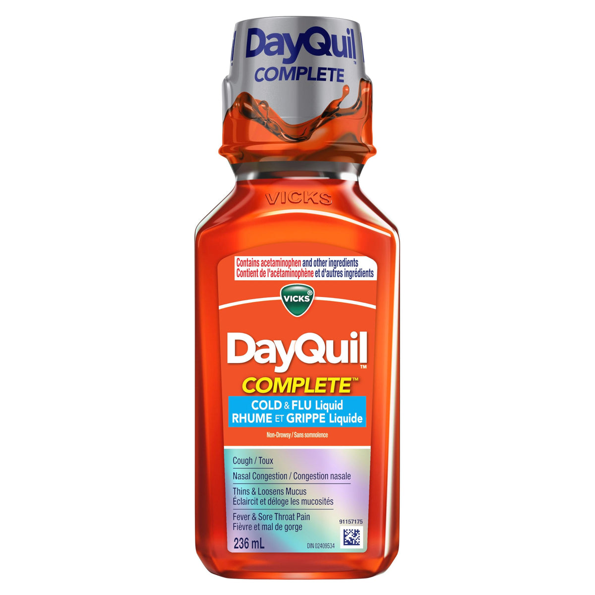 Vicks DayQuil COMPLETE Cold and Flu Symptom and Congestion Relief, Liquid Medicine, 9-Symptom Non-Drowsy Daytime Relief for Headache, Fever, Sore Throat Pain, Minor Aches, Nasal Congestion, Sinus Pressure, Chest Congestion, Stuffy Nose, and Cough, 236 mL