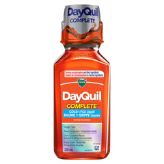 Vicks DayQuil COMPLETE Cold and Flu Symptom and Congestion Relief, Liquid Medicine, 9-Symptom Non-Drowsy Daytime Relief for Headache, Fever, Sore Throat Pain, Minor Aches, Nasal Congestion, Sinus Pressure, Chest Congestion, Stuffy Nose, and Cough, 236 mL