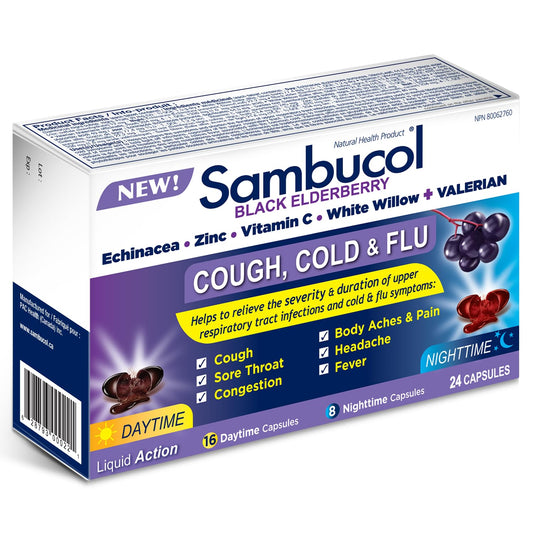 Sambucol Black Elderberry – Cough, Cold and Flu Day/Night| Helps Relieve Congestion, Fever Sore Throat & Head Pain | Black Elderberry, White Willow| 24 Hard Capsules (18 Day/6 Night)