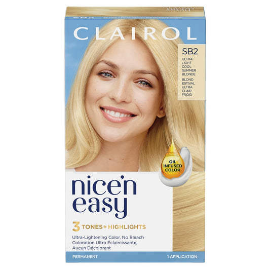 Clairol Nice'n Easy Permanent Hair Dye, SB2 Ultra Light Summer Cool Blonde | 100% Grey Coverage | Long‑Lasting, Natural‑Looking Colour & Shine |Pack of 1