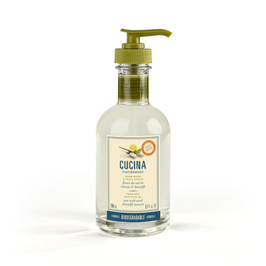 Cucina Hand Soap, Sea Salt and Amalfi Lemon, 200 ml, Olive Oil Enriched, Biodegradable Formula, Recyclable Glass Bottle, Fruits and Passion