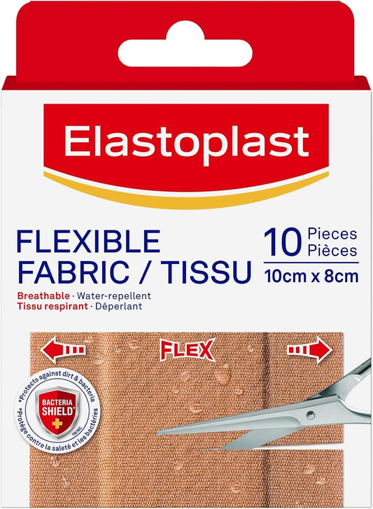 Elastoplast Flexible Fabric Adhesive Bandages, 10 Strips, 10 cm x 8cm Width, beige | Wound Dressing for First Aid Kit | Extra Flexible | Adapts to all your movements | Strong Adhesion