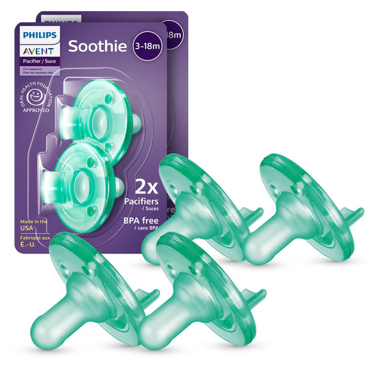 Philips Avent Soothie Baby Pacifiers - 100% Silicone Pacifiers for Babies 3-18 Months, One-piece Design, BPA-Free, Extra Durable, Green, 4 Pack, Model SCF192/45