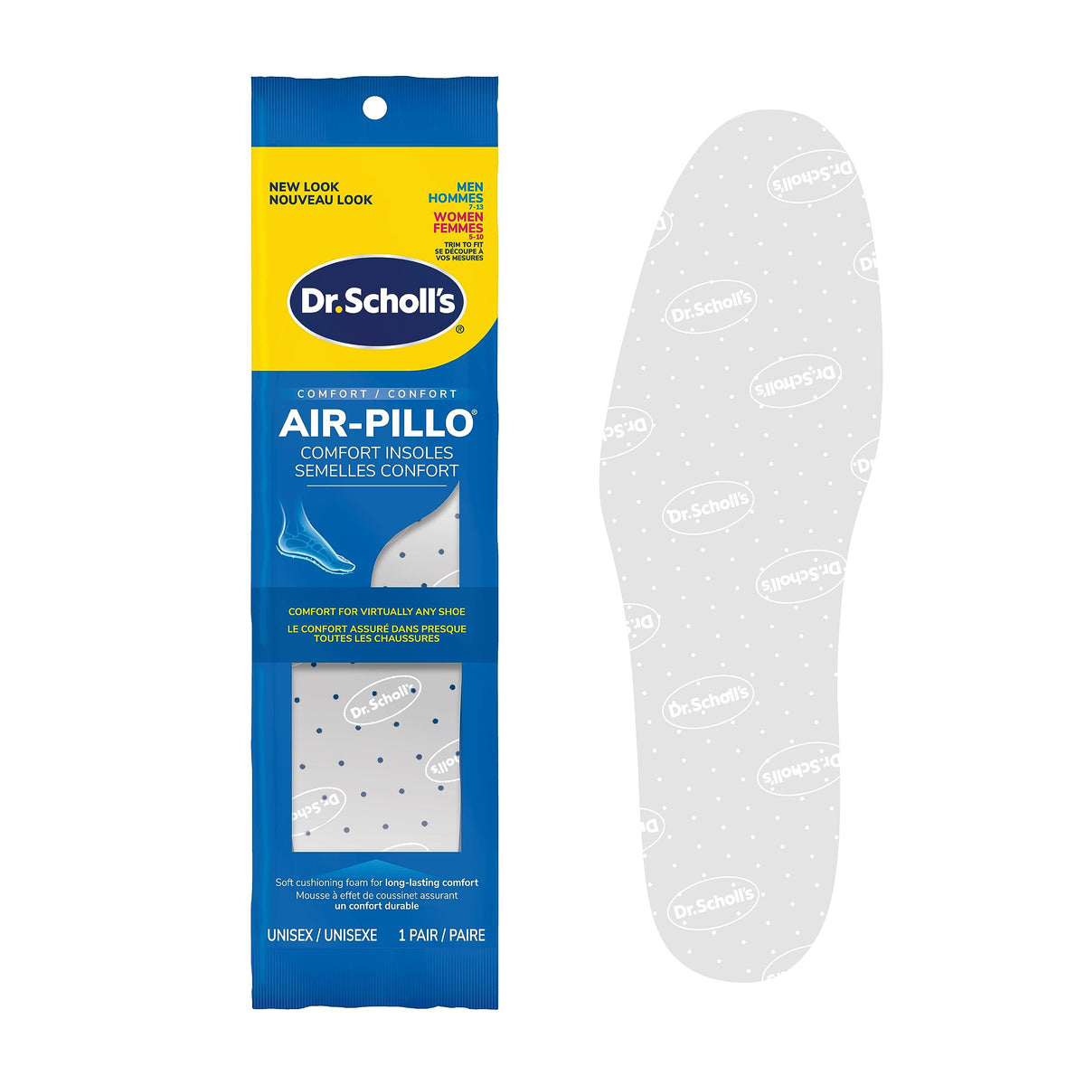 Dr. Scholl's® Air-Pillo® Comfort Insoles, Ultra-Soft Cushioning and Lasting Comfort with Two Layers of Foam that Fit in Any Shoe, Unisex (Men 7-12) (Women 5-10), 1 Pair, Trim to Fit Inserts